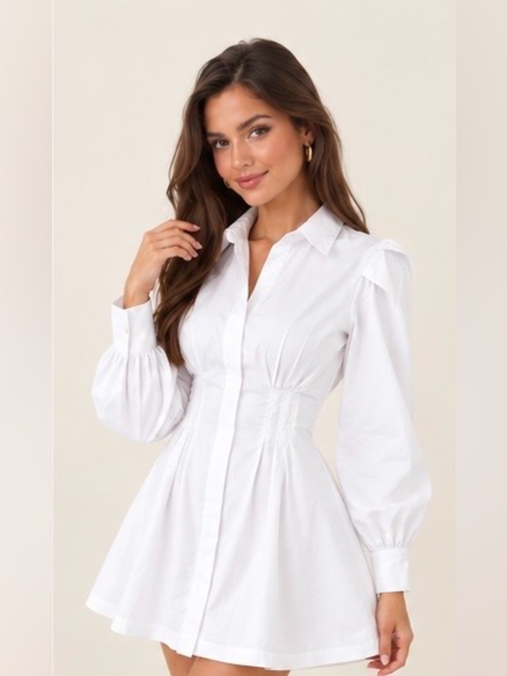 Tuckernuck White Popover Button Front Mini Dress Long Puff Sleeve Ruched Waist